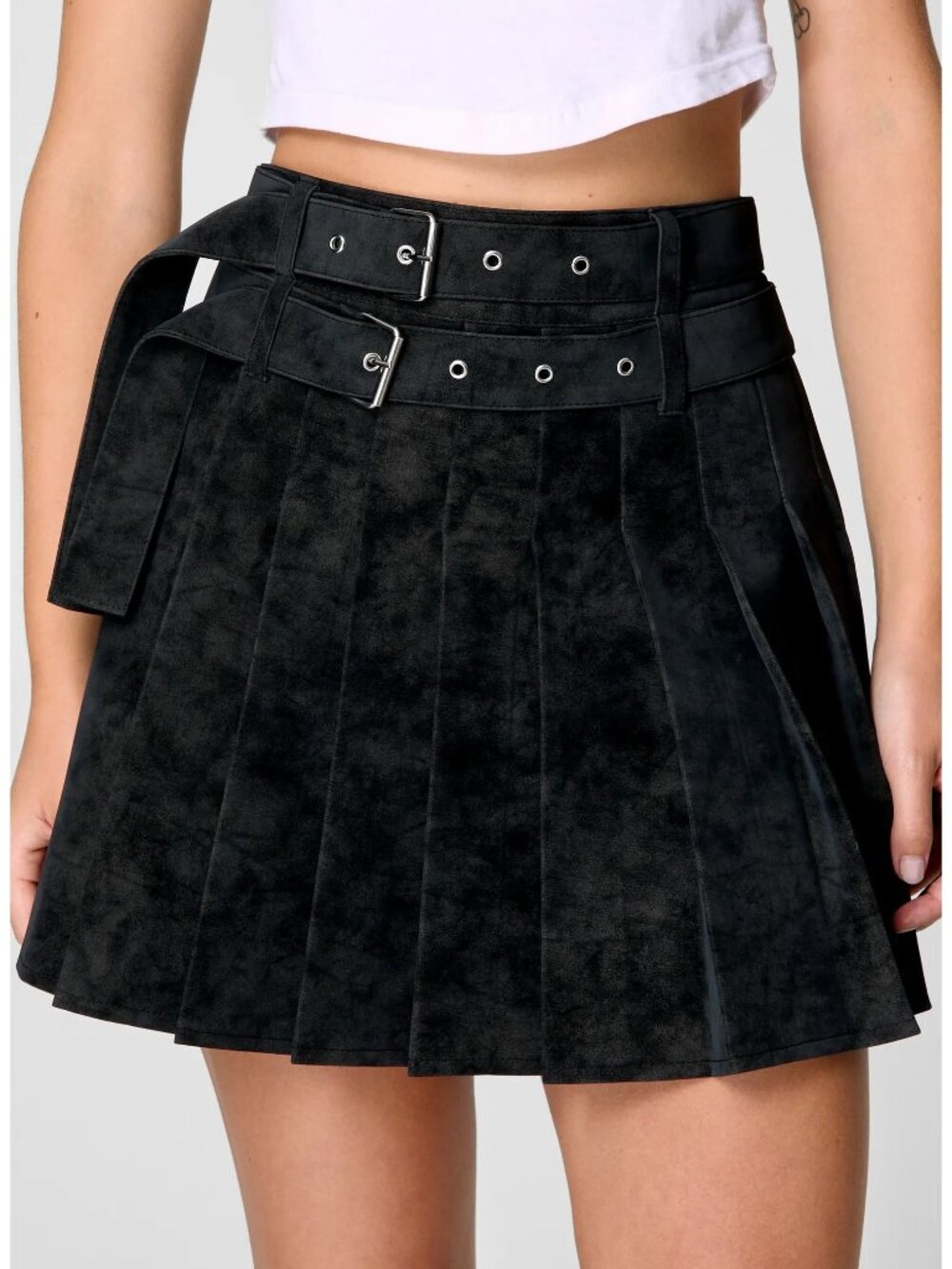 Belted Pleated Faux Suede Skirt